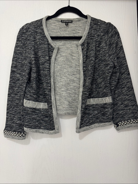 Express Sweaters - Express Black & Gray Knit Open-Front Blazer Cardigan with Embellished Cuffs